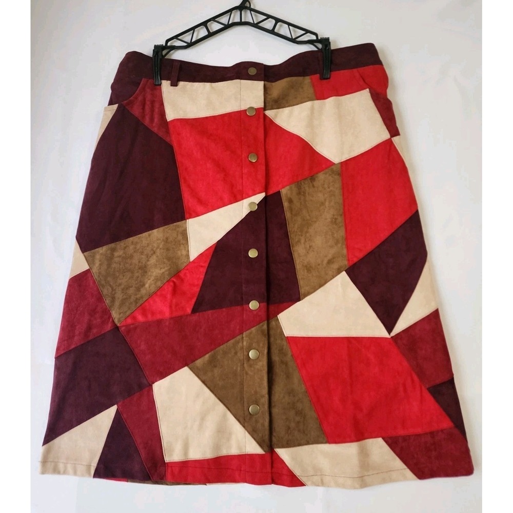 Curations XL Faux Suede Patchwork Geometric Midi Skirt Elastic Waist NWT